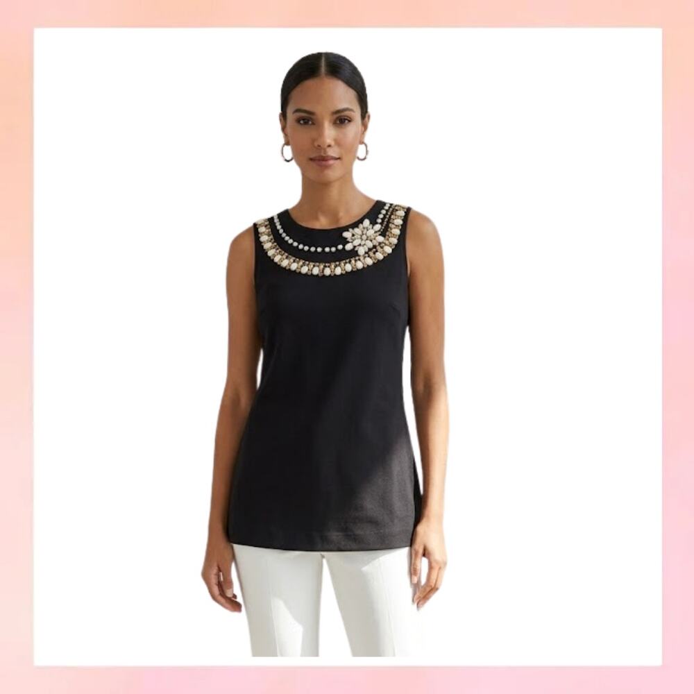 Harold's Black 100% Linen Beaded Statement Neck Tank Top Size 8